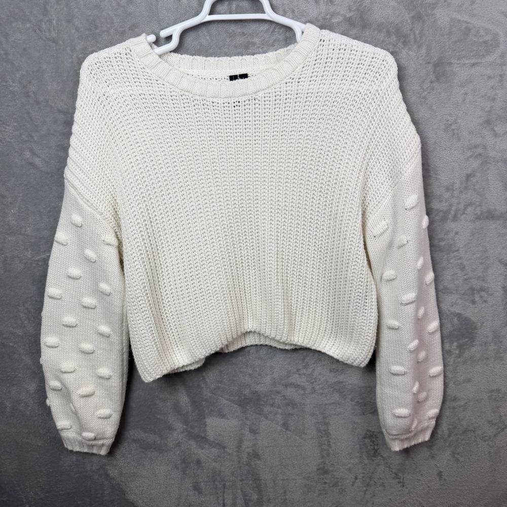 Moon & Madison Sweater Womens Large White Bobble Sleeve Cropped Chunky Knit Crew